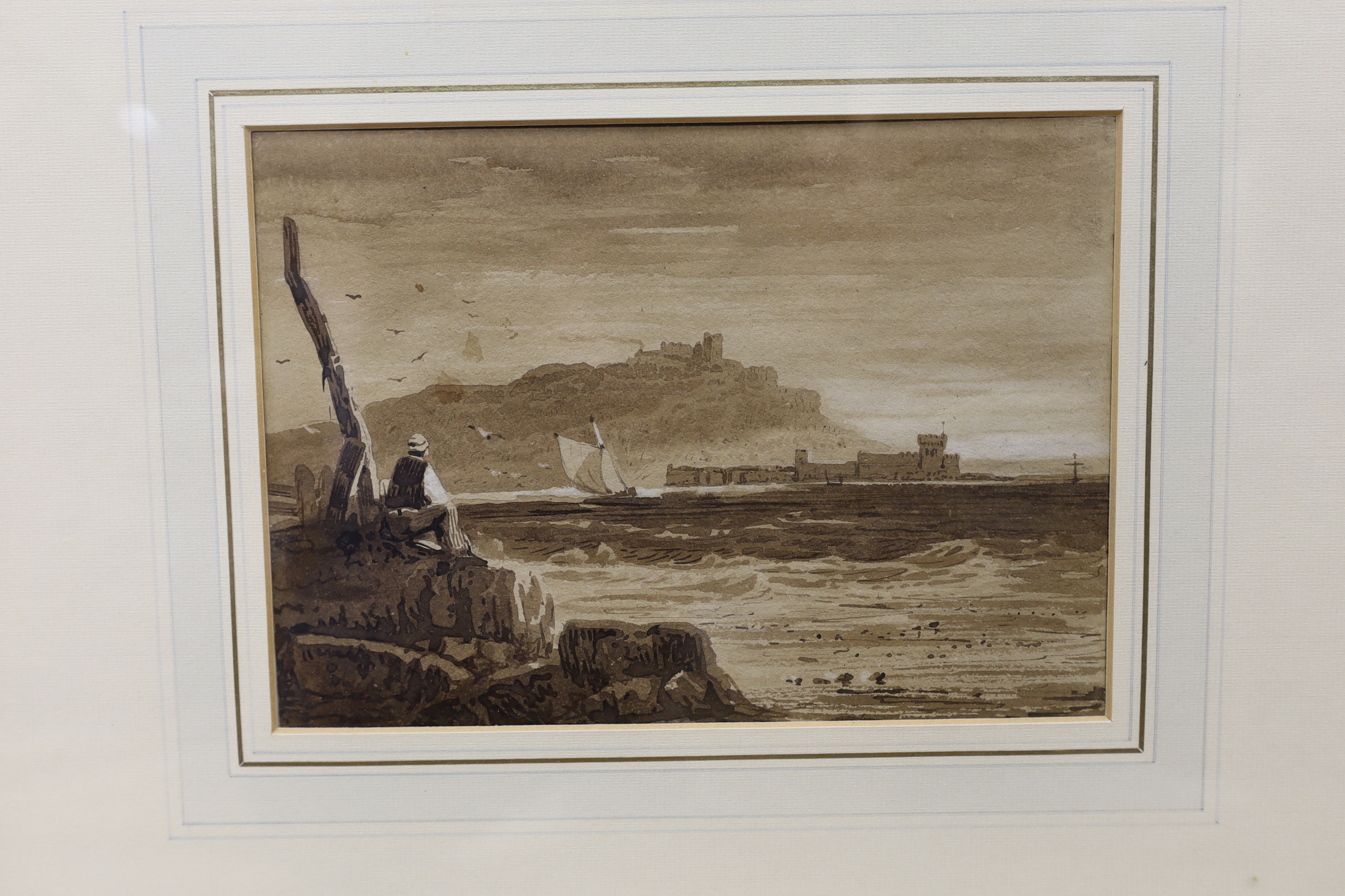 Six watercolours and prints including Frederick C. Jackson (fl.1868-1884), watercolour, 'Near Kynance Cove', attributed to Samuel Prout (1783-1852), sepia watercolour and a pen and ink sketch of an army officer, largest